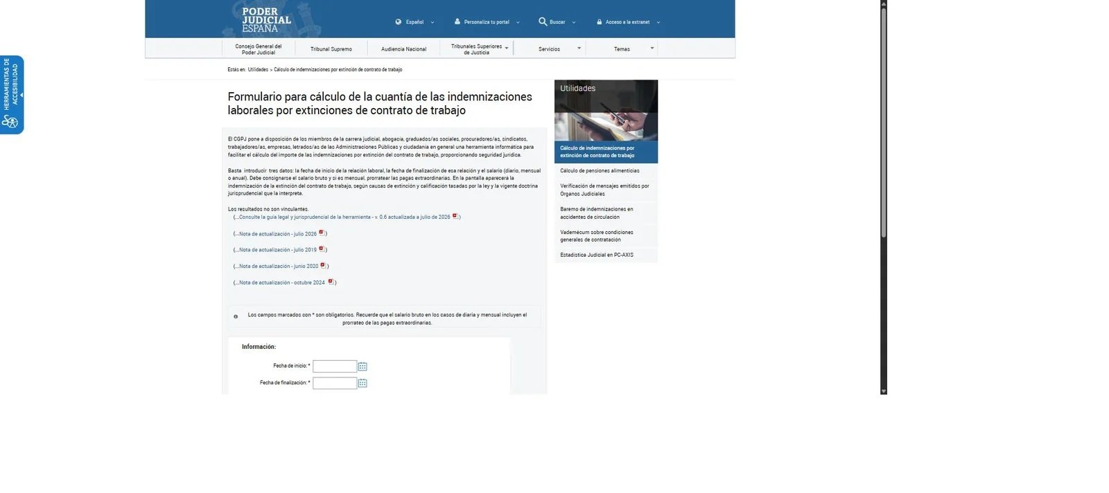 Formulario de la calculadora de indemnizaciones laborales del CGPJ