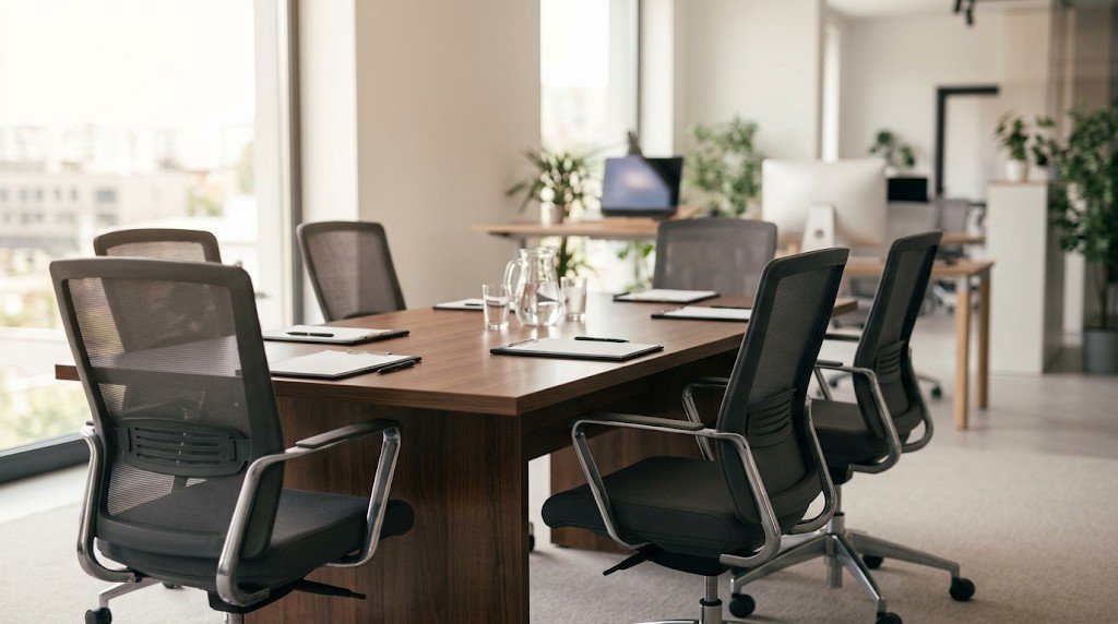 Sillas de oficina vacías junto a una mesa de reuniones