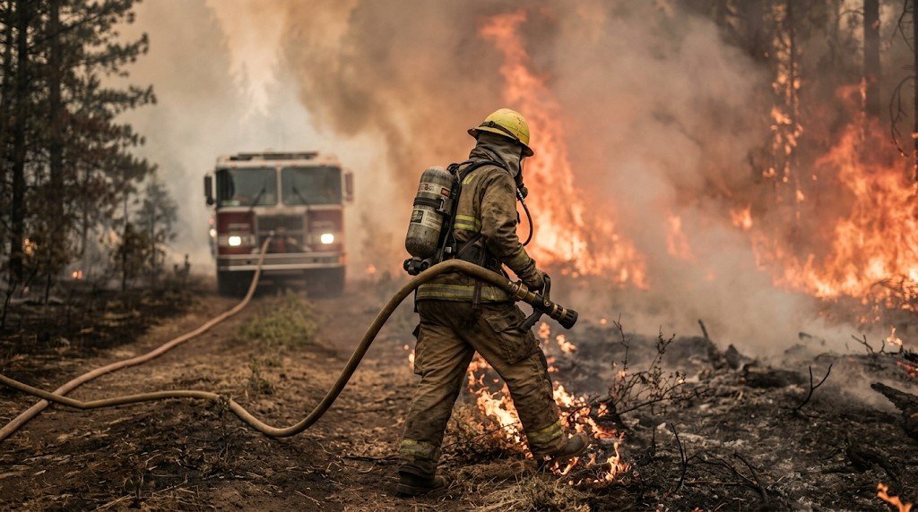 Bombero con equipo de extinción entre las llamas