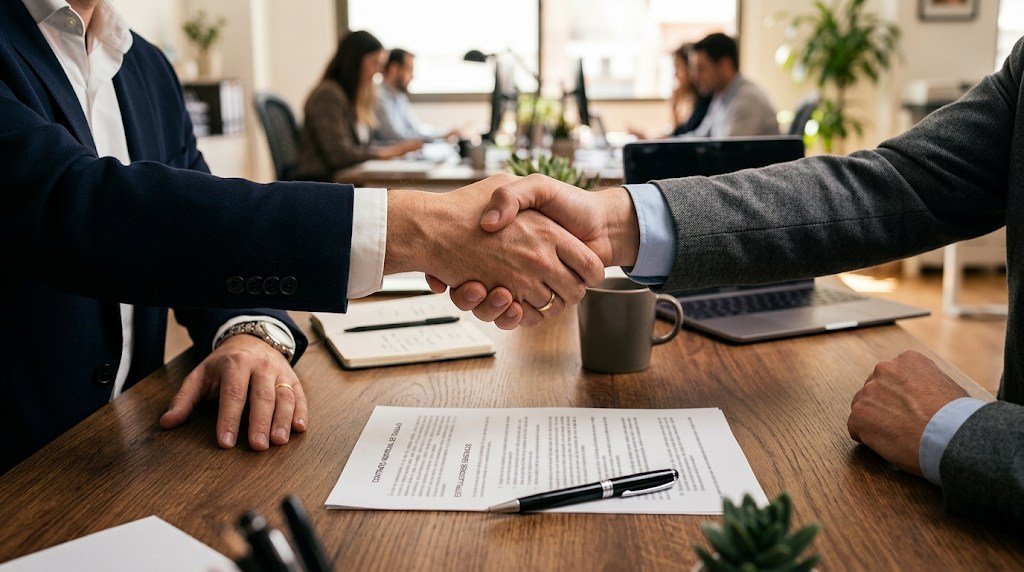 Dos personas estrechándose la mano sobre un contrato laboral impreso en un escritorio de oficina