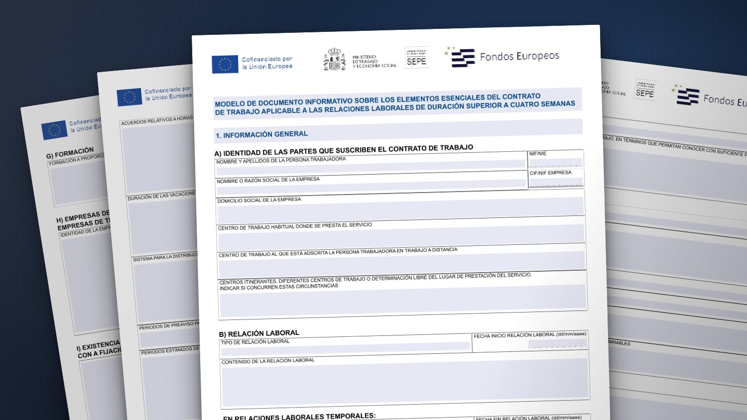 Páginas del modelo de documento informativo sobre los elementos esenciales del contrato de trabajo del SEPE