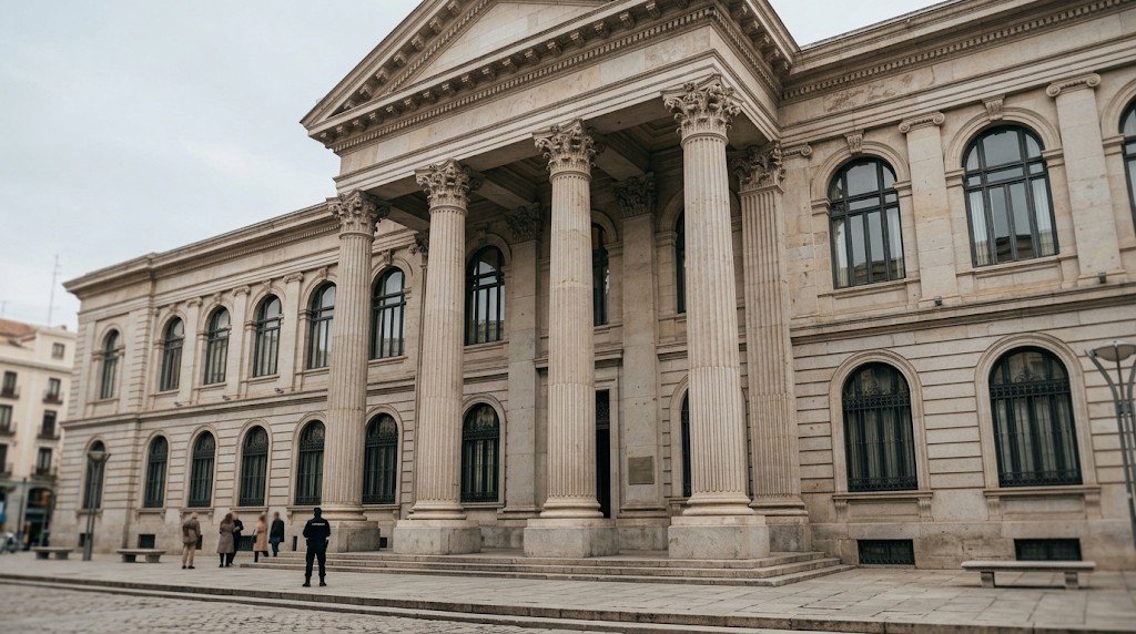 Fachada de un edificio institucional con columnas