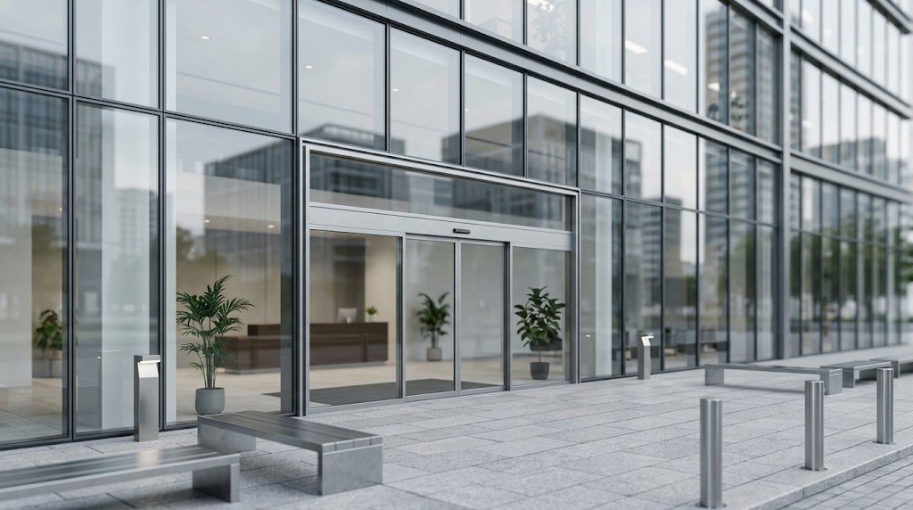 Entrada acristalada de un edificio de oficinas