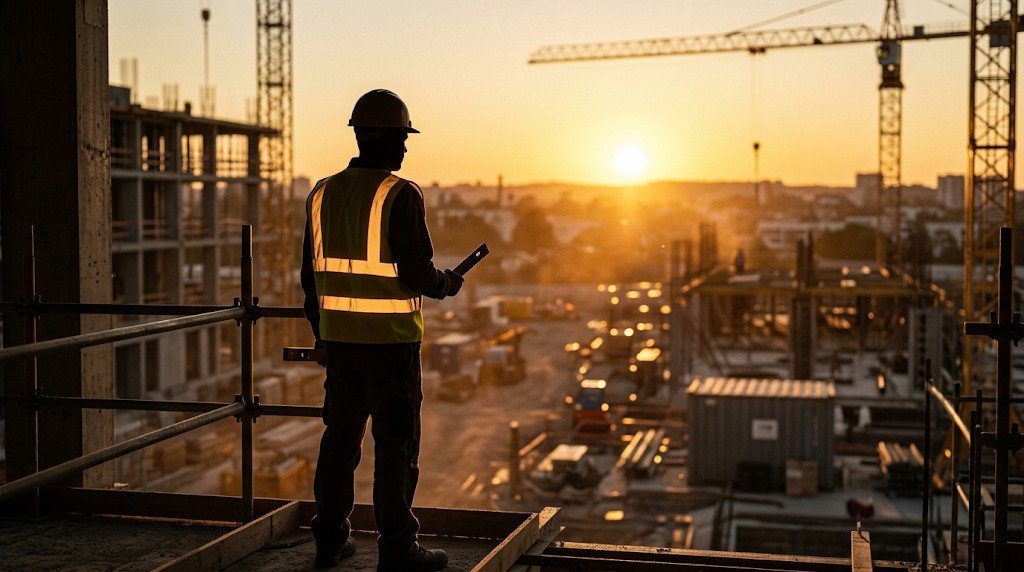 Trabajador de la construcción al atardecer en obra