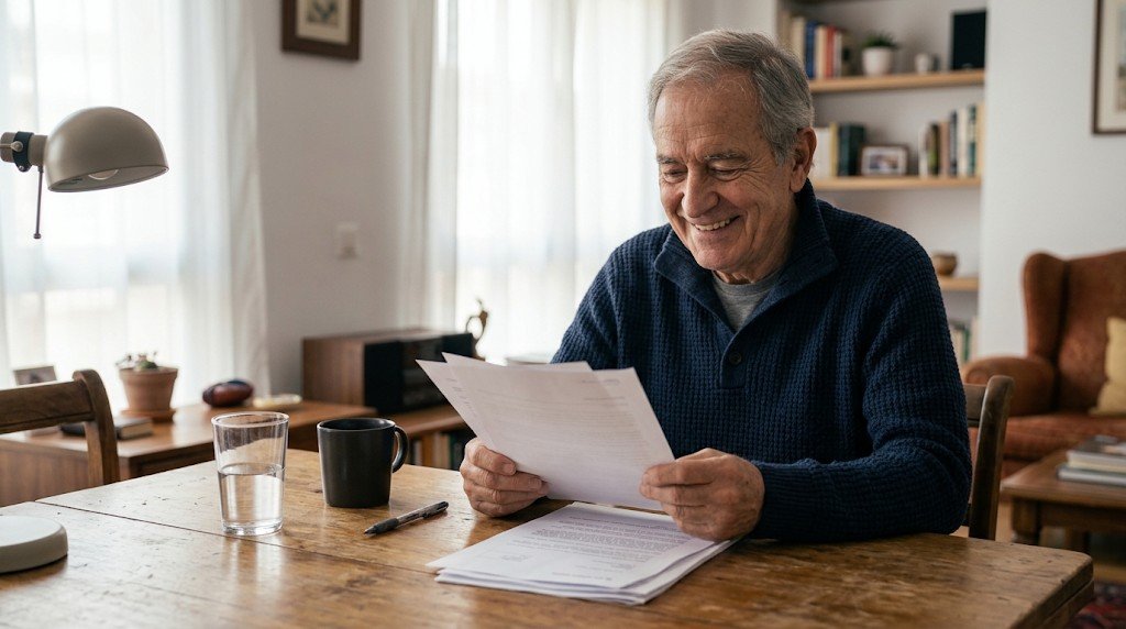 Hombre mayor sonriente leyendo una notificación en papel