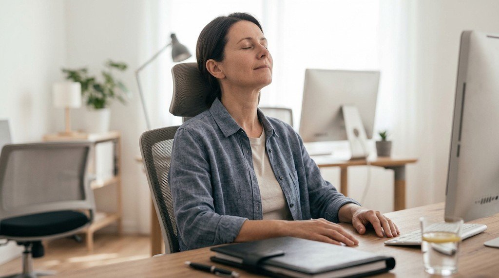 Persona meditando sobre el escritorio en una oficina