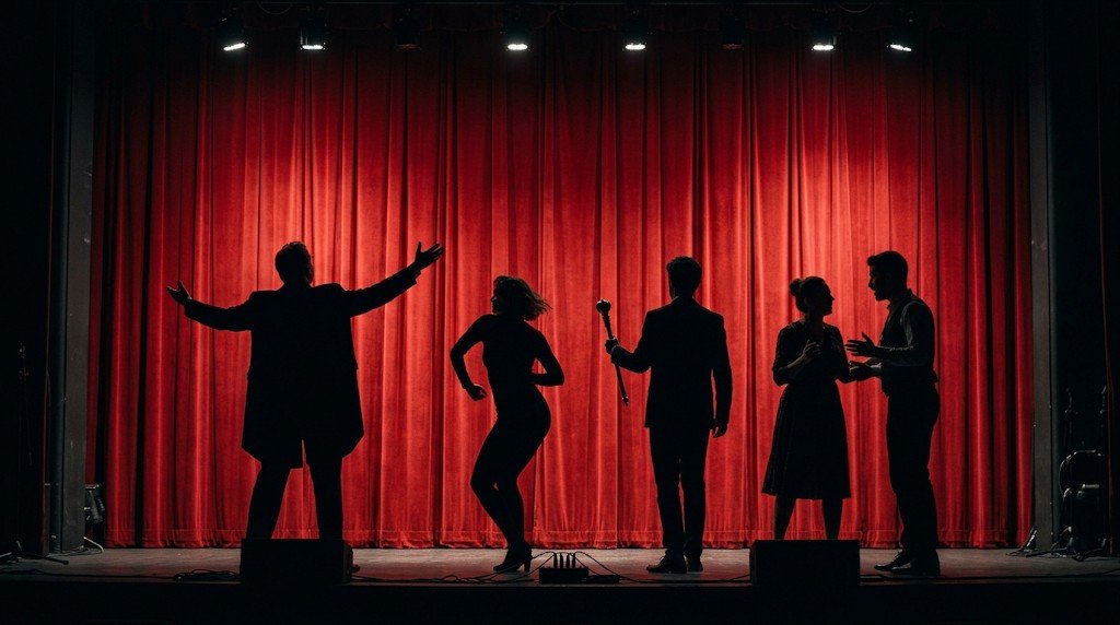 Siluetas de artistas frente a un telón rojo de teatro