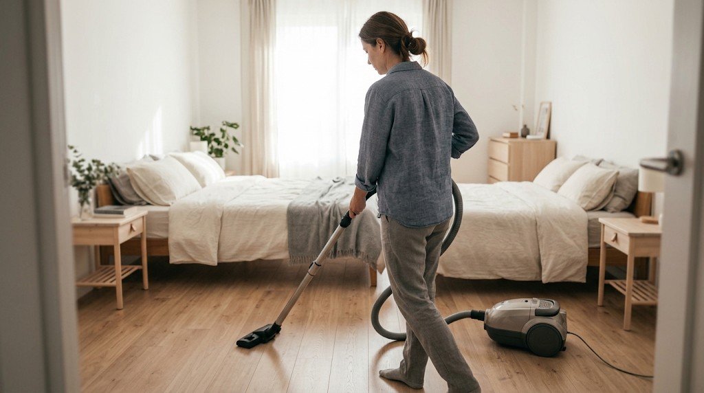 Mujer pasando la aspiradora en un dormitorio luminoso