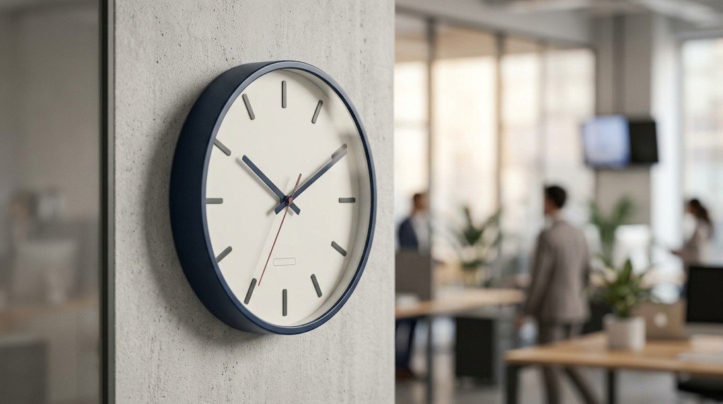 Reloj de pared minimalista marcando la hora